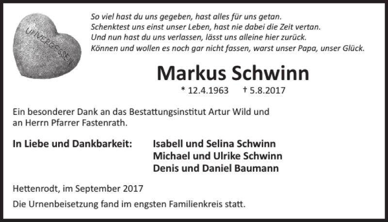  Traueranzeige für Markus Schwinn vom 06.09.2017 aus WochenSpiegel