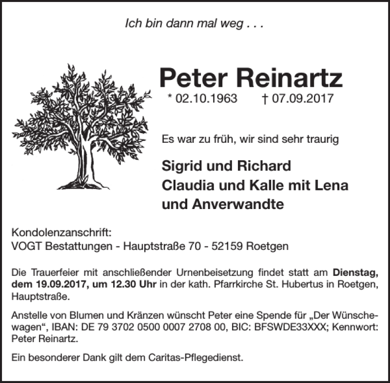  Traueranzeige für Peter Reinartz vom 13.09.2017 aus WochenSpiegel
