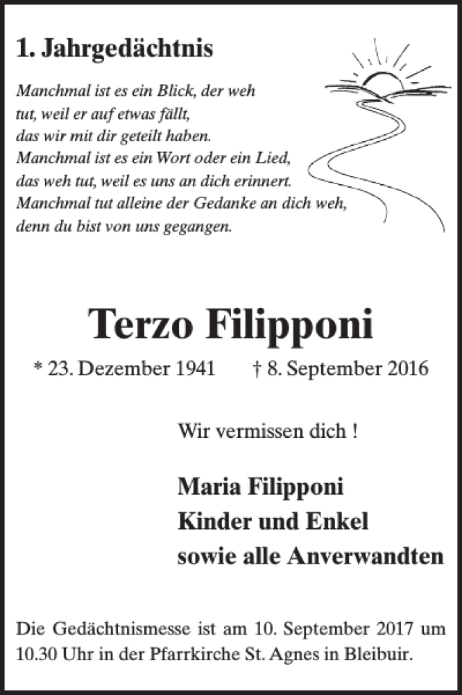  Traueranzeige für Terzo Filipponi vom 06.09.2017 aus WochenSpiegel