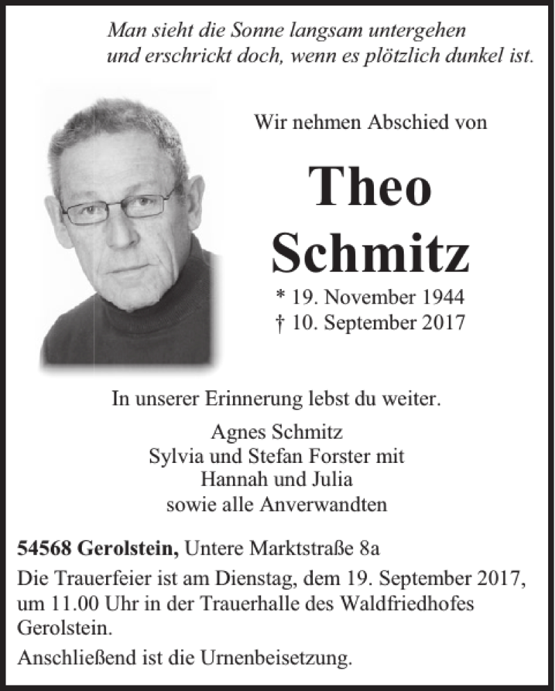  Traueranzeige für Theo Schmitz vom 13.09.2017 aus WochenSpiegel