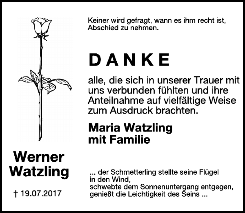  Traueranzeige für Werner Watzling vom 06.09.2017 aus WochenSpiegel