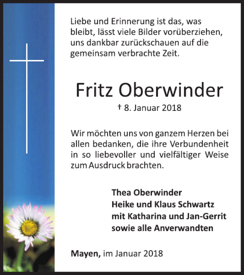  Traueranzeige für Fritz Oberwinder vom 31.01.2018 aus WochenSpiegel