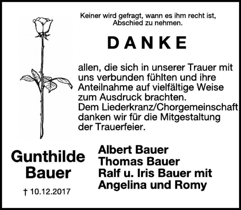  Traueranzeige für Gunthilde Bauer vom 17.01.2018 aus WochenSpiegel