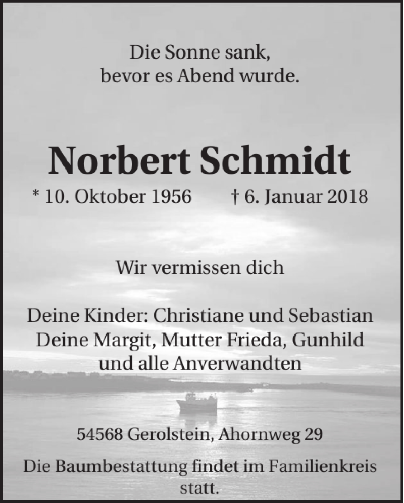  Traueranzeige für Norbert Schmidt vom 10.01.2018 aus WochenSpiegel