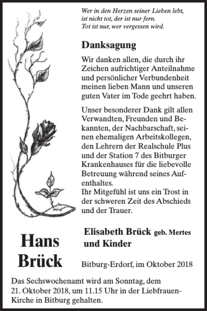  Traueranzeige für Hans Brück vom 17.10.2018 aus WochenSpiegel