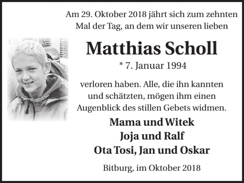  Traueranzeige für Matthias Scholl vom 26.10.2018 aus WochenSpiegel