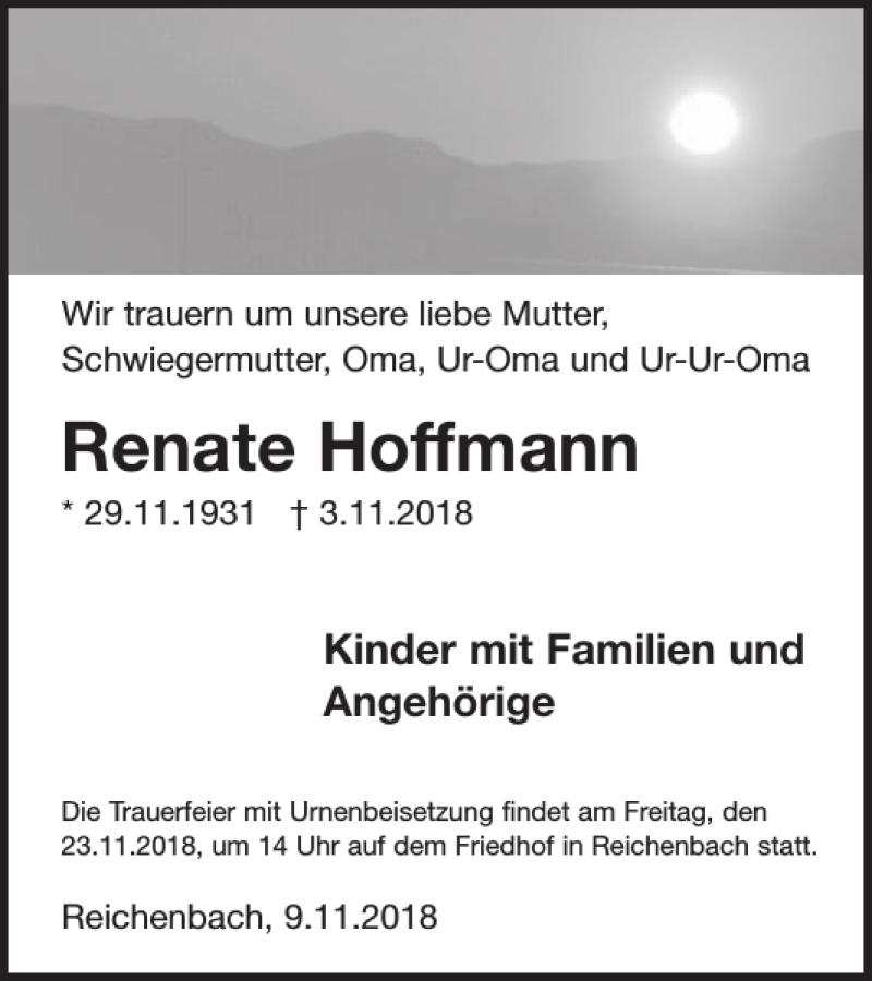  Traueranzeige für Renate Hoffmann vom 14.11.2018 aus WochenSpiegel