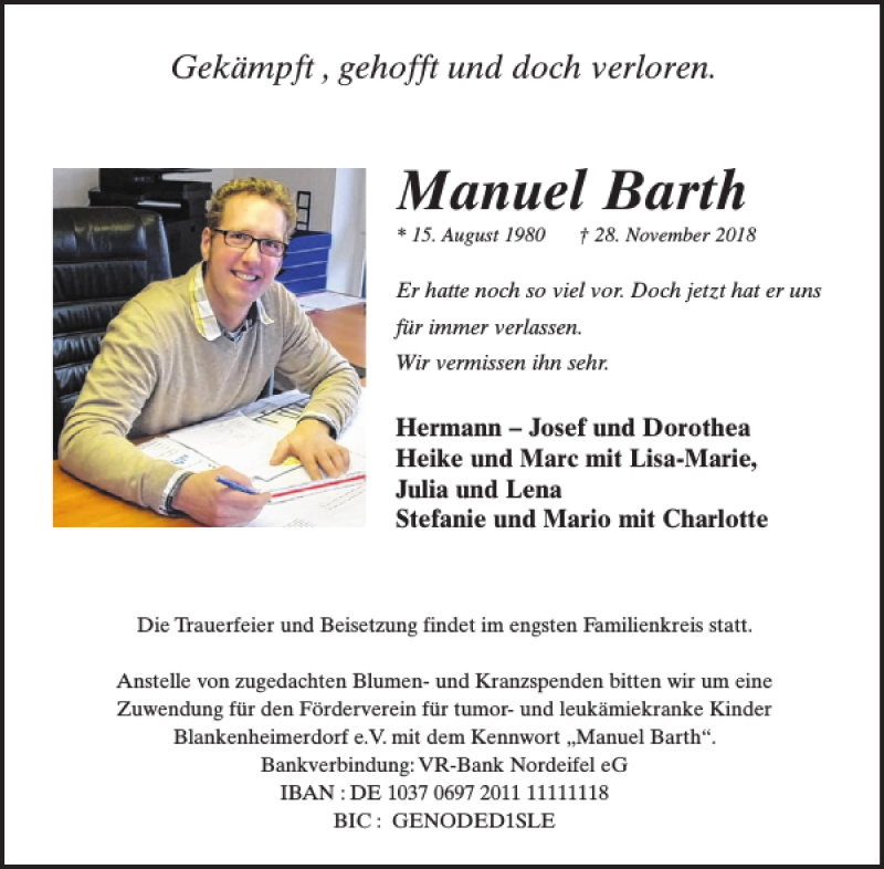  Traueranzeige für Manuel Barth vom 05.12.2018 aus WochenSpiegel