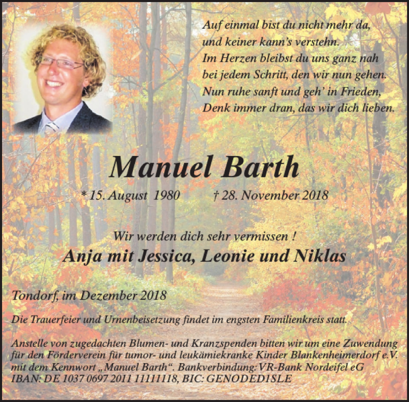  Traueranzeige für Manuel Barth vom 05.12.2018 aus WochenSpiegel