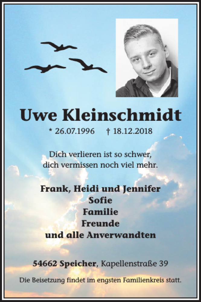  Traueranzeige für Uwe Kleinschmidt vom 28.12.2018 aus WochenSpiegel