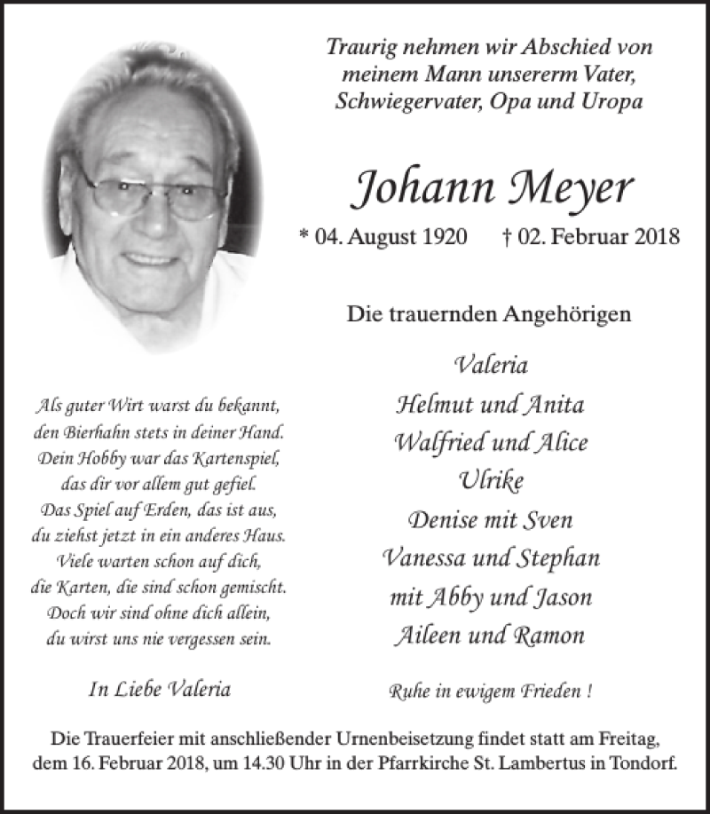 Traueranzeige für Johann Meyer vom 07.02.2018 aus WochenSpiegel