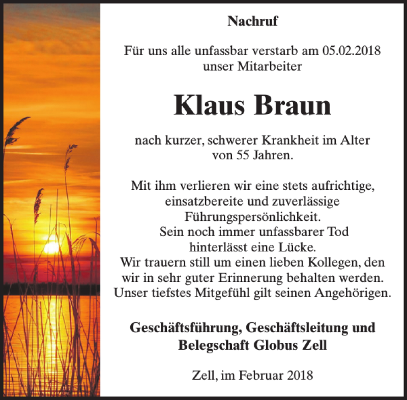  Traueranzeige für Klaus Braun vom 28.02.2018 aus WochenSpiegel