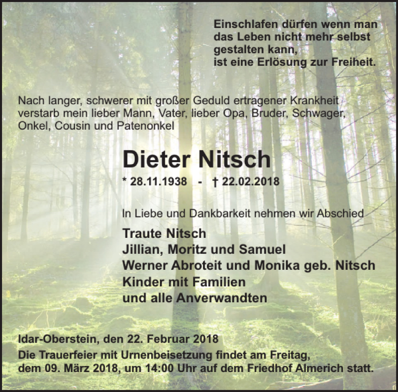  Traueranzeige für Dieter Nitsch vom 07.03.2018 aus WochenSpiegel