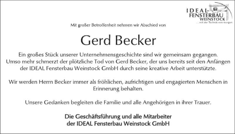  Traueranzeige für Gerd Becker vom 16.03.2018 aus WochenSpiegel
