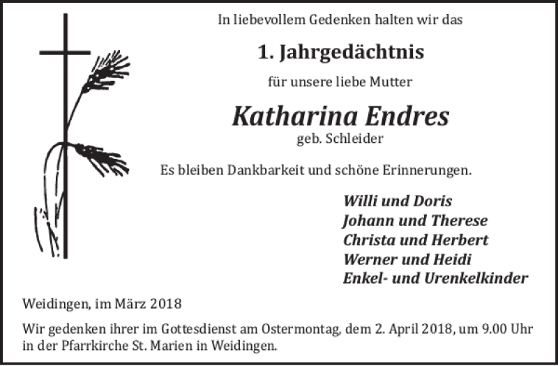  Traueranzeige für Katharina Endres vom 23.03.2018 aus WochenSpiegel