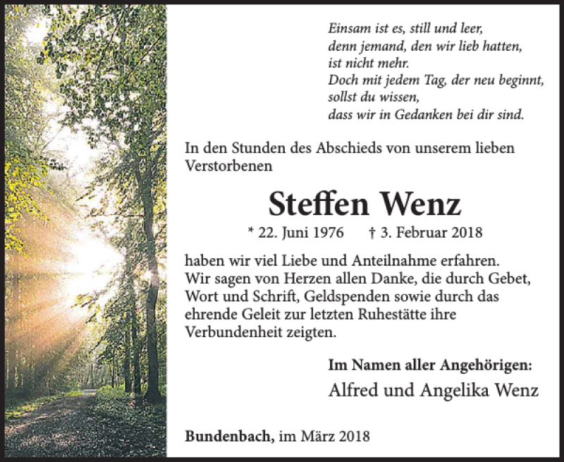  Traueranzeige für Steffen Wenz vom 21.03.2018 aus WochenSpiegel