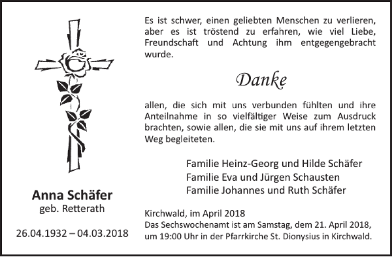 Traueranzeige für Anna Schäfer vom 11.04.2018 aus WochenSpiegel