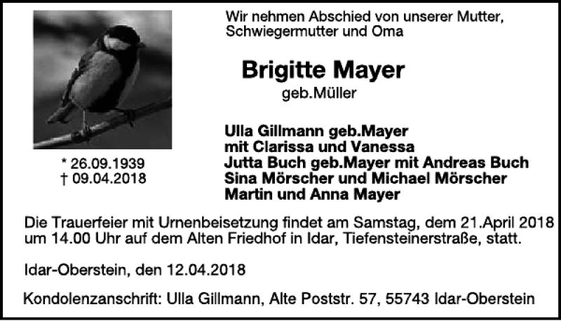  Traueranzeige für Brigitte Mayer vom 18.04.2018 aus WochenSpiegel