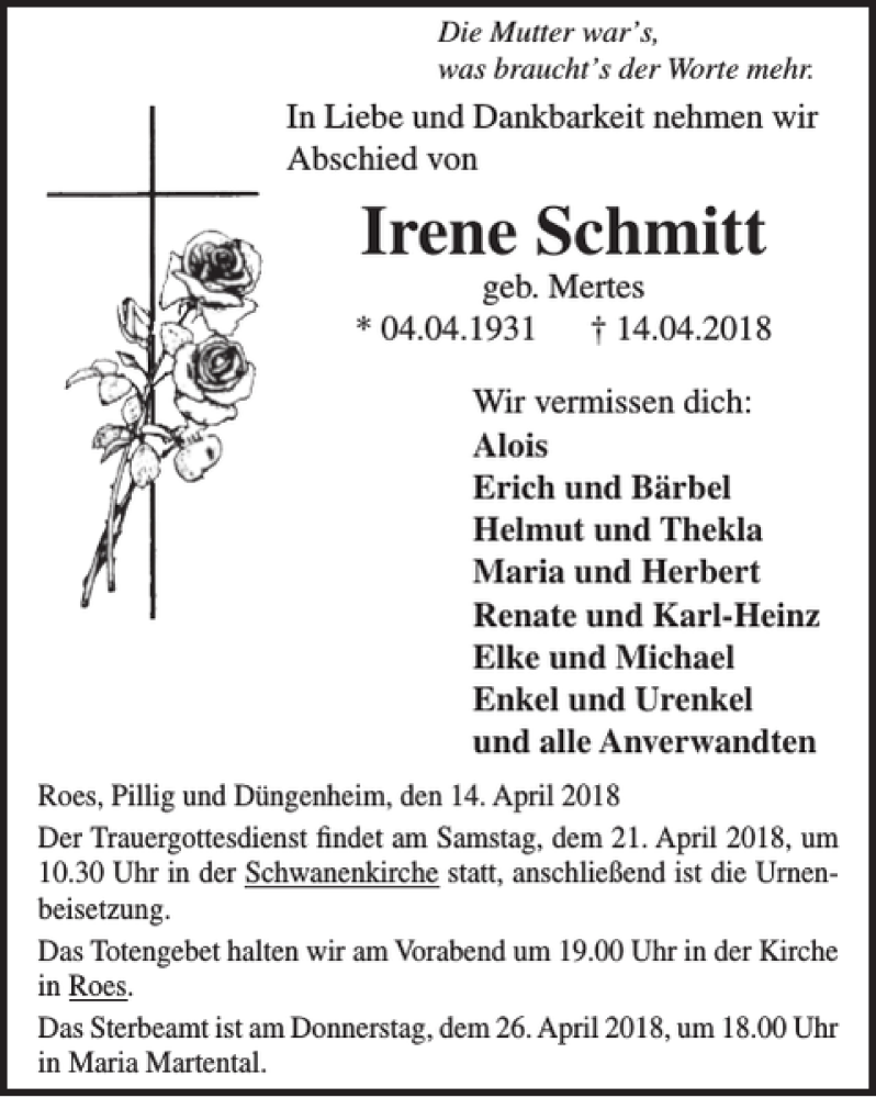  Traueranzeige für Irene Schmitt vom 18.04.2018 aus WochenSpiegel