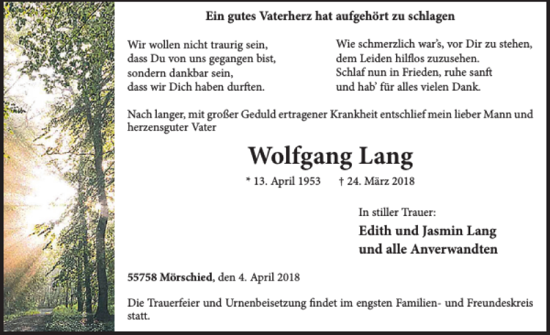  Traueranzeige für Wolfgang Lang vom 04.04.2018 aus WochenSpiegel