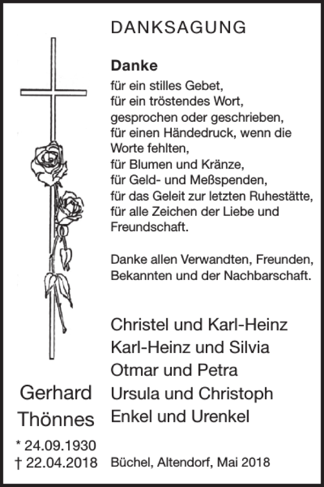  Traueranzeige für Gerhard Thönnes vom 30.05.2018 aus WochenSpiegel