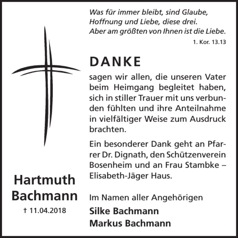 Traueranzeige für Hartmuth Bachmann vom 30.05.2018 aus WochenSpiegel