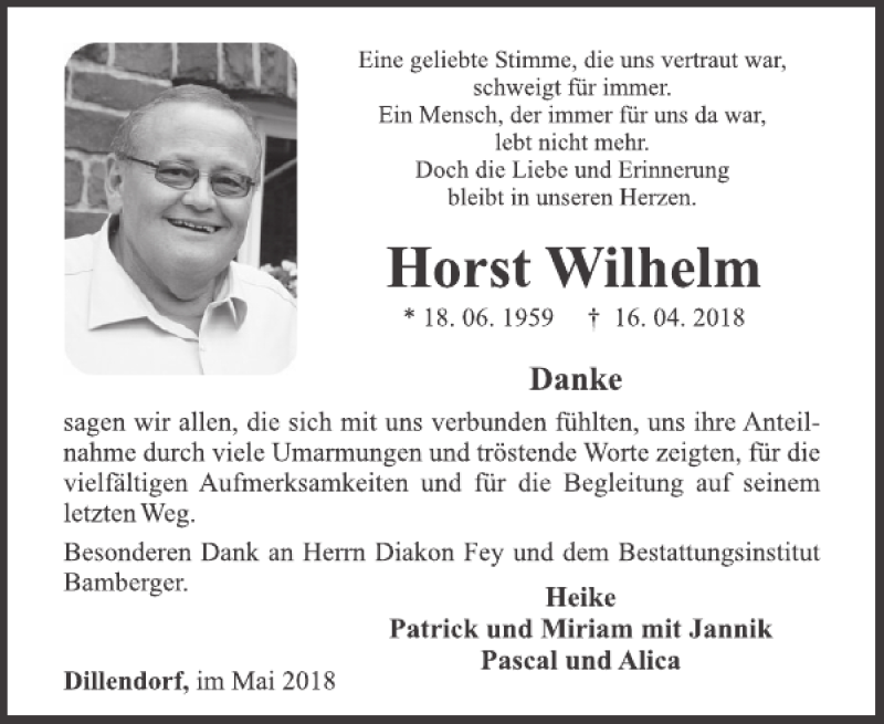  Traueranzeige für Horst Wilhelm vom 30.05.2018 aus WochenSpiegel