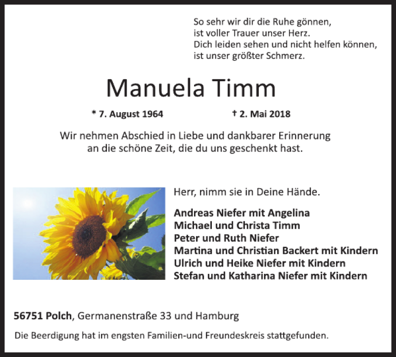  Traueranzeige für Manuela Timm vom 16.05.2018 aus WochenSpiegel