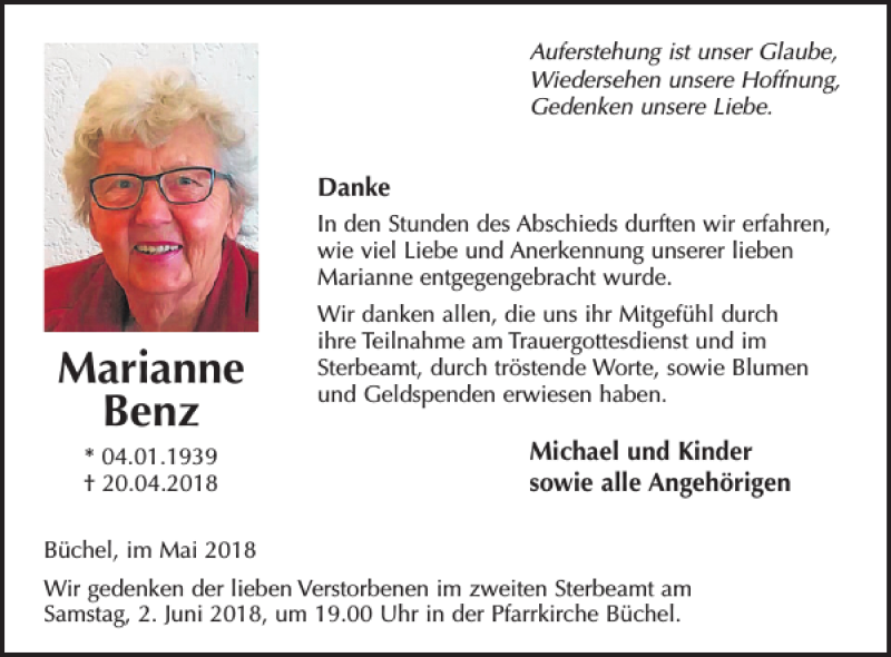  Traueranzeige für Marianne Benz vom 30.05.2018 aus WochenSpiegel