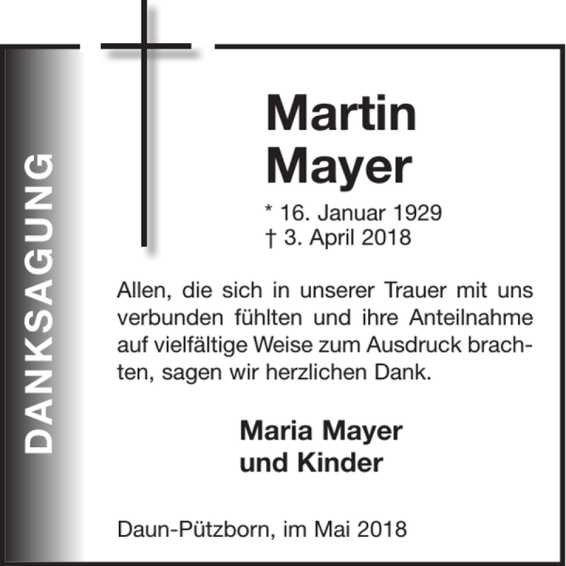  Traueranzeige für Martin Mayer vom 16.05.2018 aus WochenSpiegel