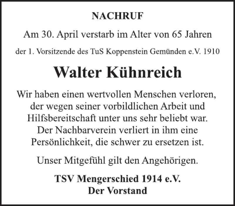  Traueranzeige für Walter Kühnreich vom 23.05.2018 aus WochenSpiegel
