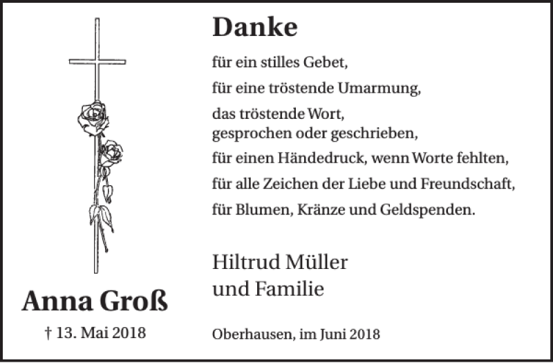  Traueranzeige für Anna Groß vom 20.06.2018 aus WochenSpiegel