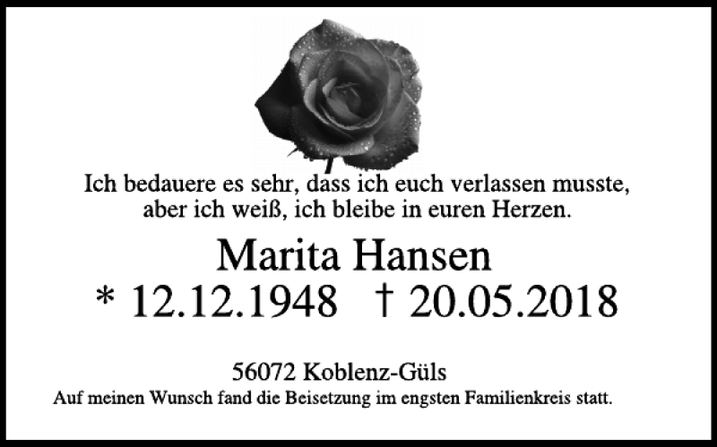  Traueranzeige für Marita Hansen vom 08.06.2018 aus WochenSpiegel
