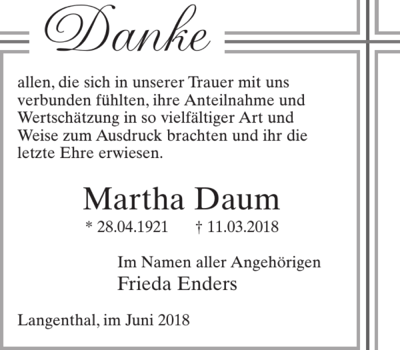  Traueranzeige für Martha Daum vom 13.06.2018 aus WochenSpiegel
