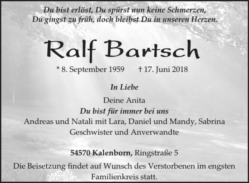  Traueranzeige für Ralf Bartsch vom 27.06.2018 aus WochenSpiegel