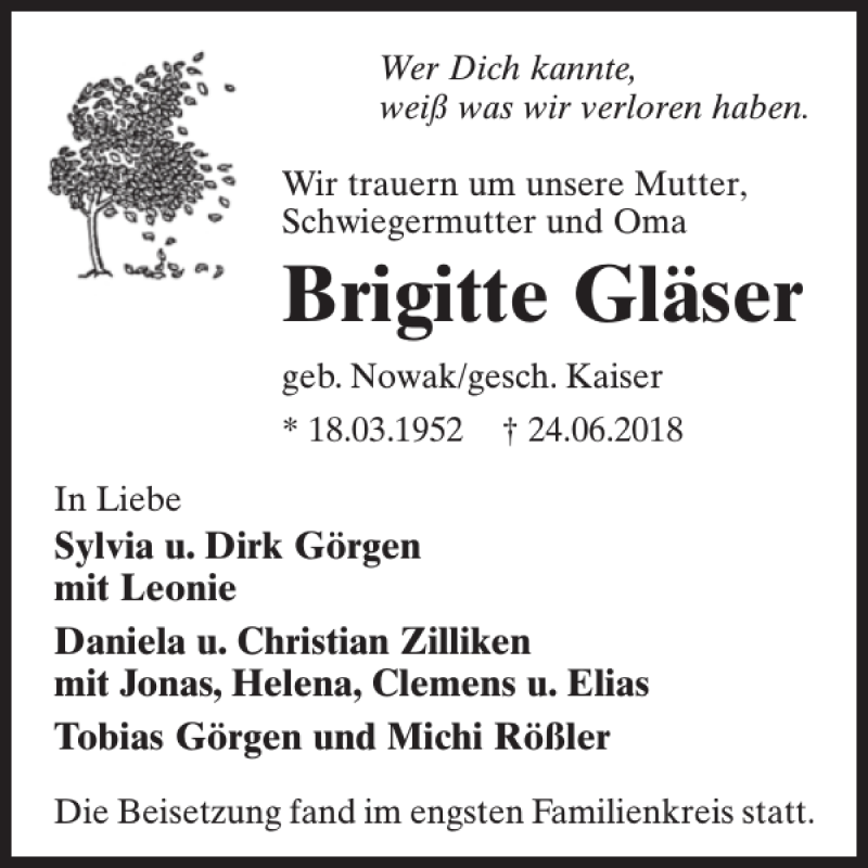  Traueranzeige für Brigitte Gläser vom 11.07.2018 aus WochenSpiegel