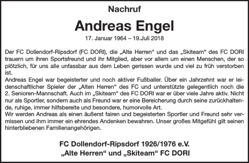  Traueranzeige für Andreas Engel vom 01.08.2018 aus WochenSpiegel