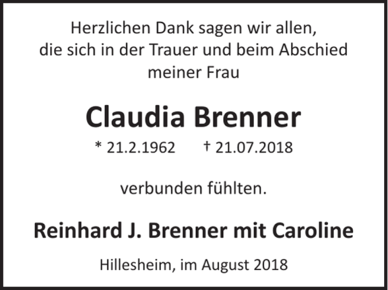  Traueranzeige für Claudia Brenner vom 29.08.2018 aus WochenSpiegel