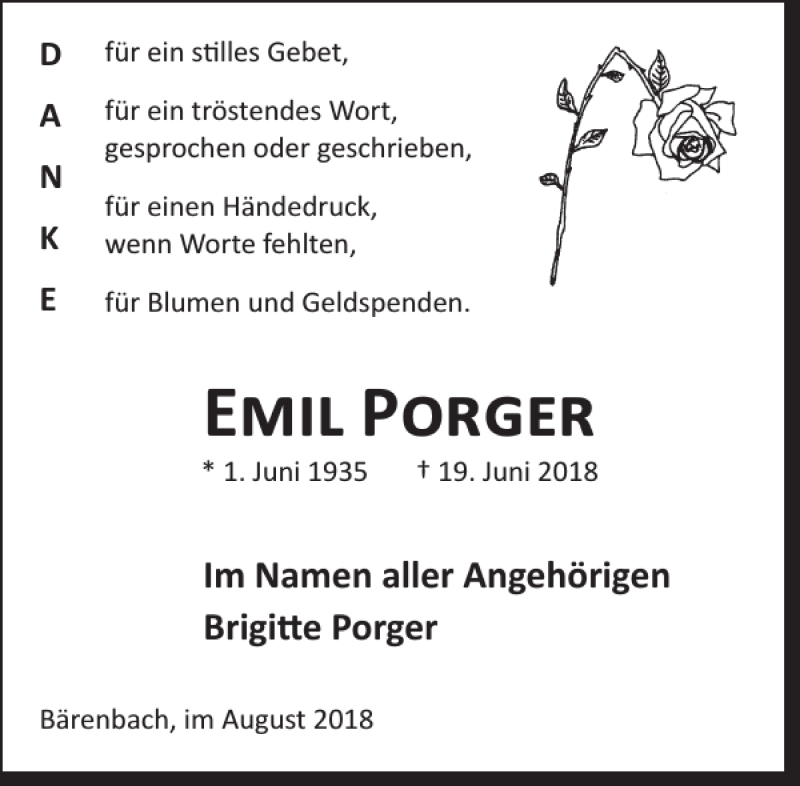  Traueranzeige für Emil Porger vom 15.08.2018 aus WochenSpiegel