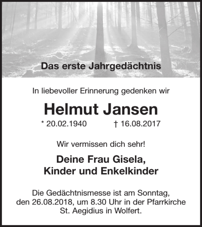  Traueranzeige für Helmut Jansen vom 15.08.2018 aus WochenSpiegel