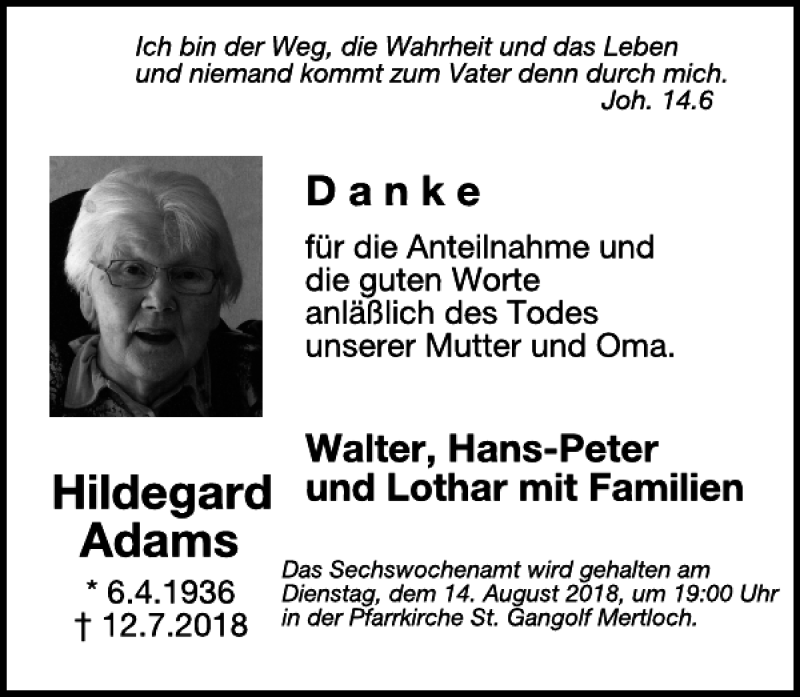  Traueranzeige für Hildegard Adams vom 08.08.2018 aus WochenSpiegel