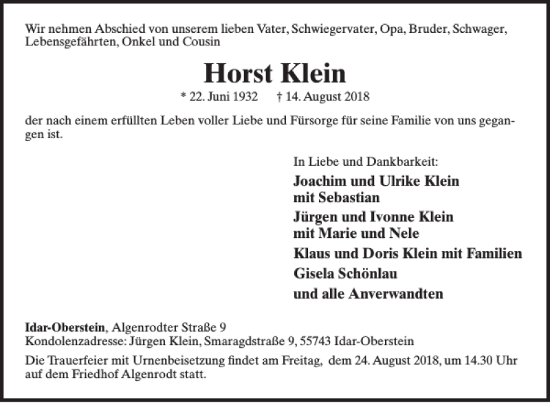  Traueranzeige für Horst Klein vom 22.08.2018 aus WochenSpiegel