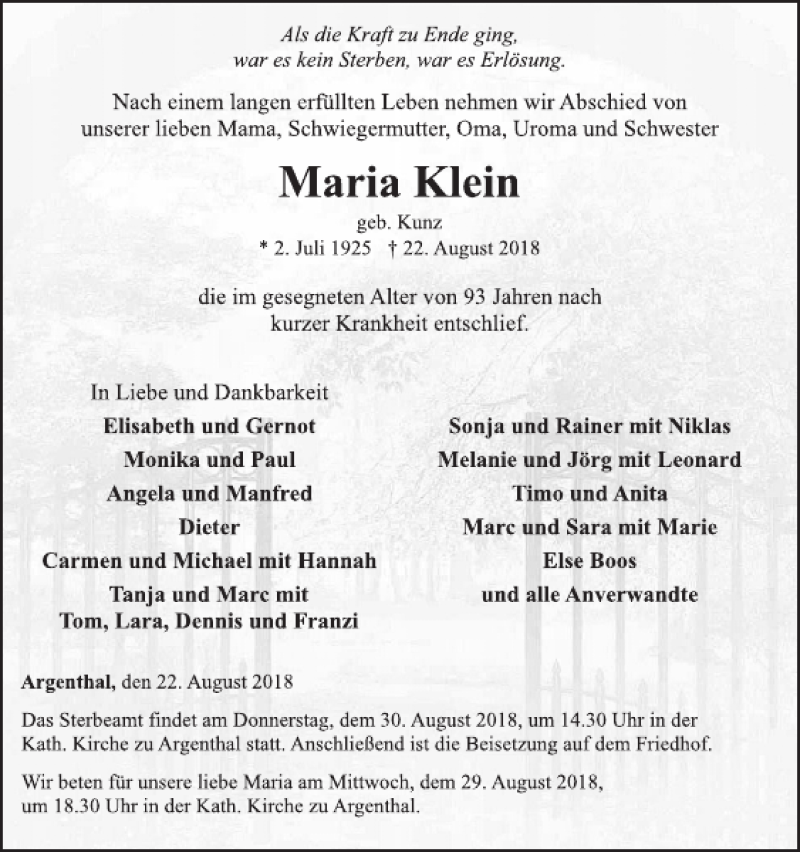  Traueranzeige für Maria Klein vom 29.08.2018 aus WochenSpiegel