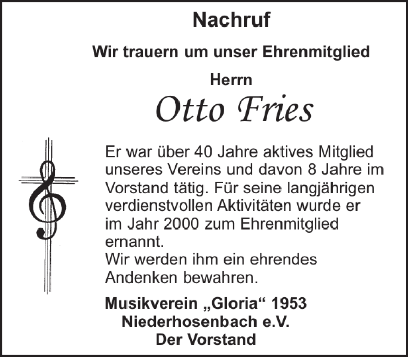  Traueranzeige für Otto Fries vom 01.08.2018 aus WochenSpiegel