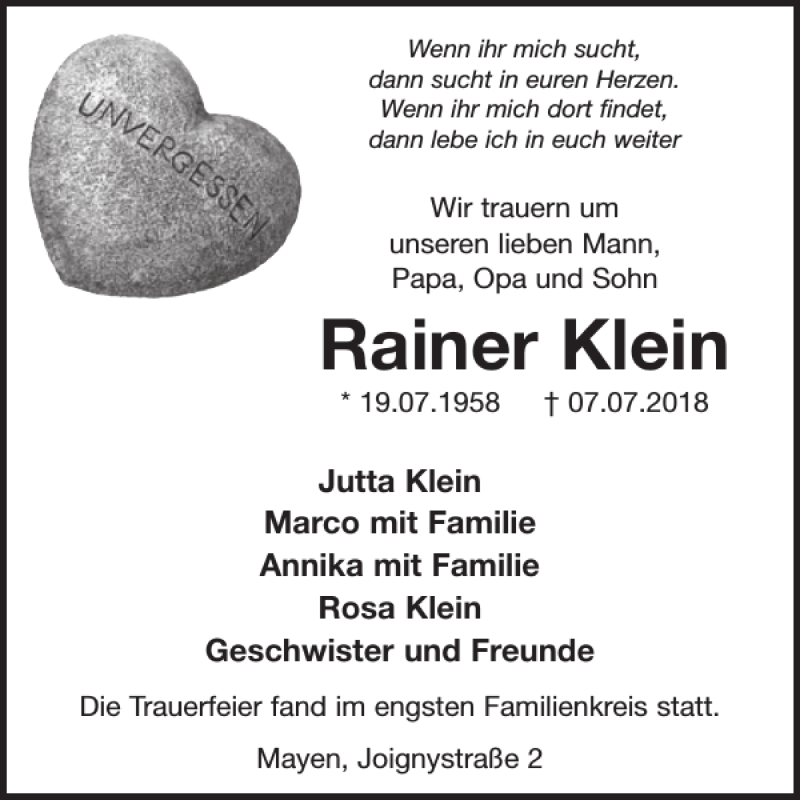  Traueranzeige für Rainer Klein vom 01.08.2018 aus WochenSpiegel