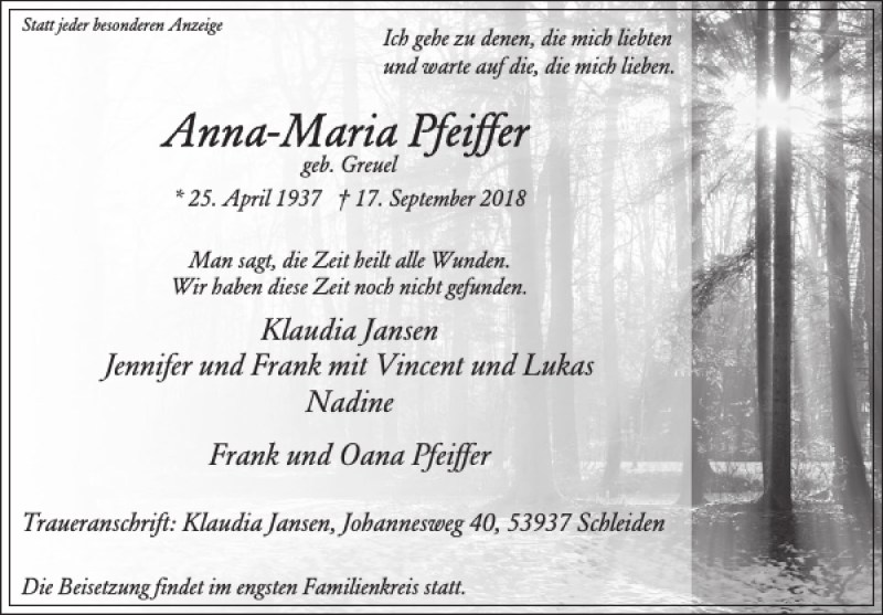  Traueranzeige für Anna-Maria Pfeiffer vom 26.09.2018 aus WochenSpiegel