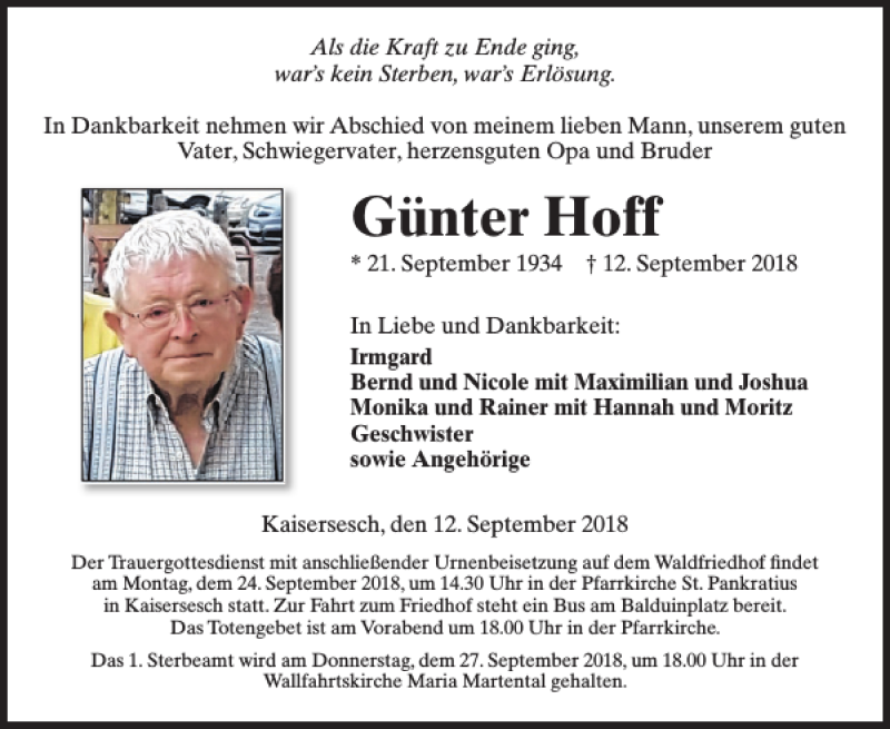 Traueranzeige für Günter Hoff vom 19.09.2018 aus WochenSpiegel