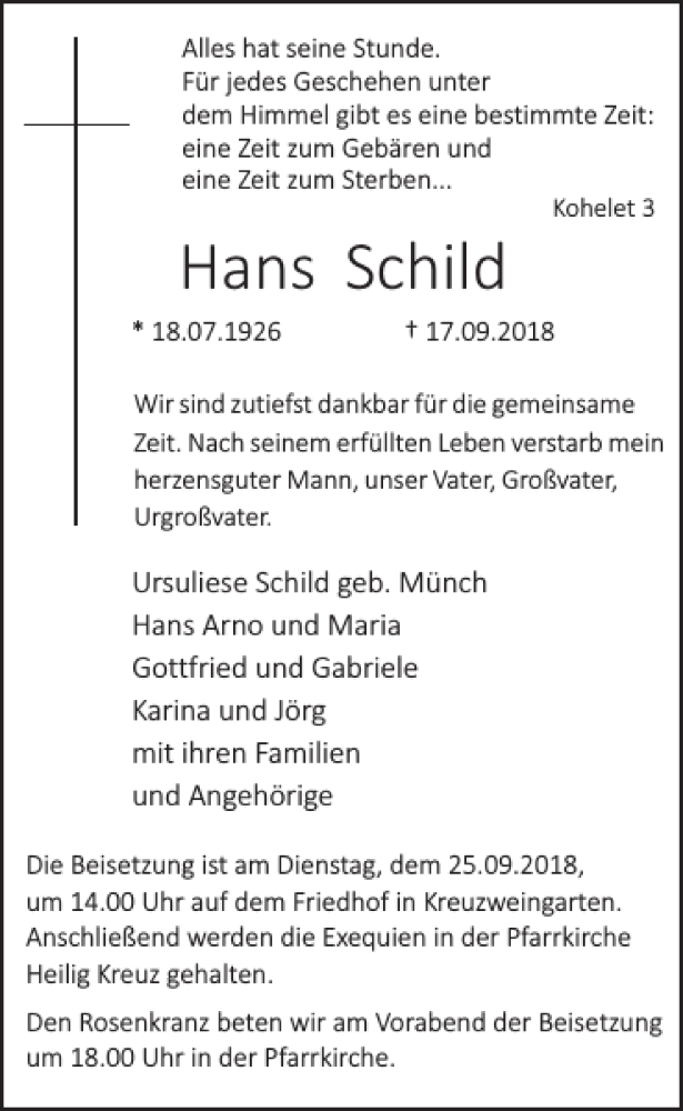  Traueranzeige für Hans Schild vom 19.09.2018 aus WochenSpiegel