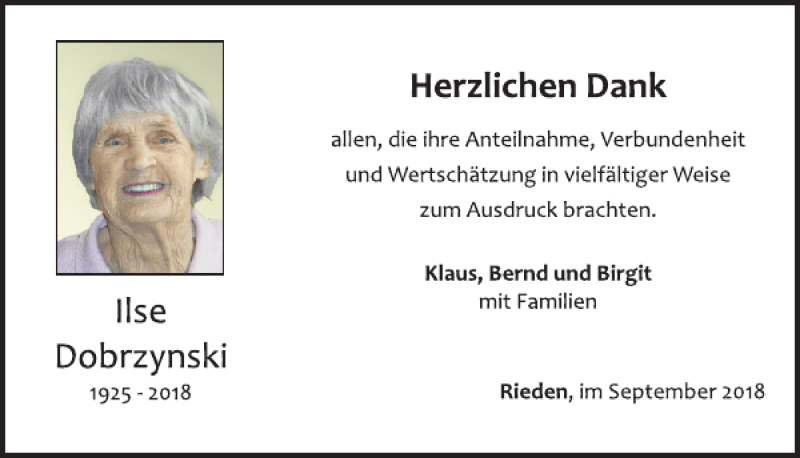 Traueranzeige für Ilse Dobrzynski vom 26.09.2018 aus WochenSpiegel