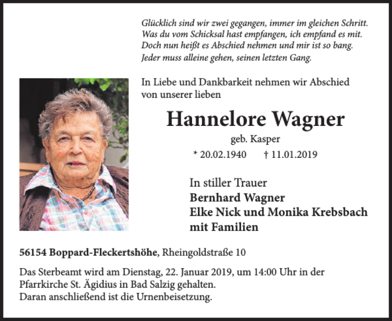 Traueranzeige für Hannelore Wagner vom 16.01.2019 aus WochenSpiegel